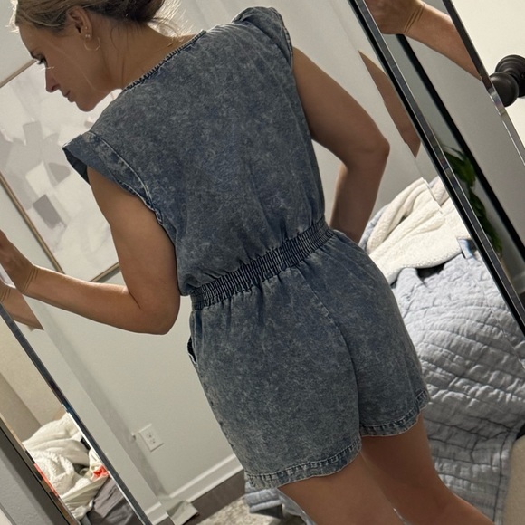 Cute Girly Flare Sleeves Blue Denim Pull Up Stretch Romper - Picture 6 of 11